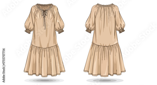 Elegant boho style midi dress technical sketch showcasing front and back views for design and fashion illustration apparel development planning