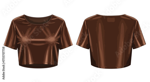 Chocolate hued cropped top, front and back view showcasing simple and stylish wardrobe staple with elegant sheen in an artistic representation