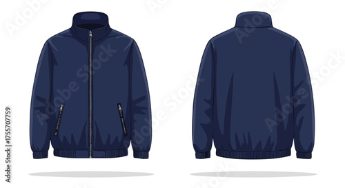 Navy blue windbreaker illustration showcasing its stylish design and practical features for different angles design 75 character