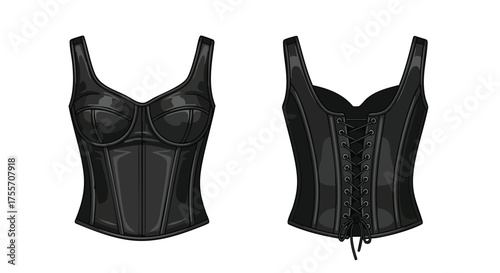 Fashionable black corset illustration showcasing both front and back design details on a white background for design or style related usage