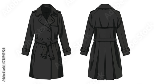 Elegant charcoal trench coat illustration showcases front and back views ideal for fashion designs and retail presentations