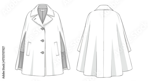 Technical fashion drawing showcasing the front and back of a sophisticated cape coat design meticulously crafted with clean lines