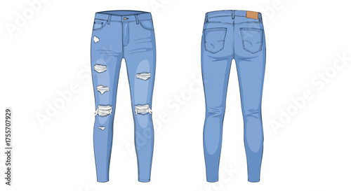 Illustrative representation showcasing stylish light blue distressed jeans, displayed from front and rear perspectives against a crisp white backdrop