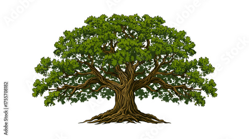 Solitary majestic tree with verdant foliage and exposed root system