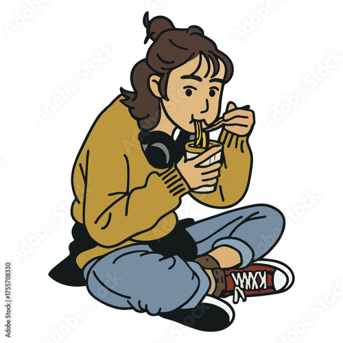 Cartoonish Line Art Young Woman Eating Noodles Sitting Down Illustration