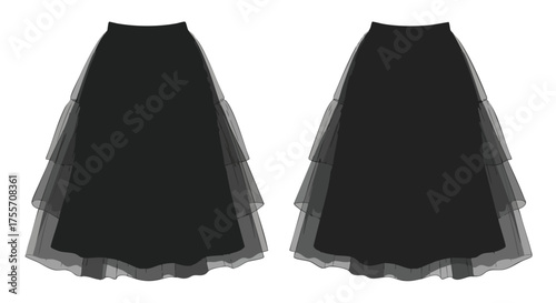 Elegant midi skirt with layered mesh frills in a stylish black color, presented on a clean white backdrop for fashion catalog design