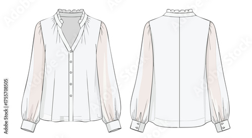 Technical fashion illustration of a women's blouse with balloon sleeves and button-down design showcases elegance and style
