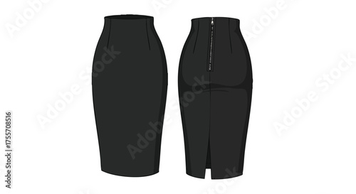 Elegant pencil skirt illustration showcasing front and back views with zipper detail, perfect for fashion design visuals or retail promotion materials