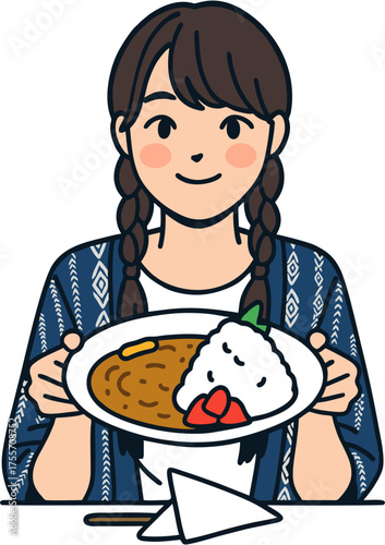 Cartoon Style Woman Holding Plate with Curry and Rice Illustration