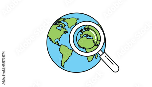 A globe of Earth being examined closely with a magnifying glass, focusing on a specific region.