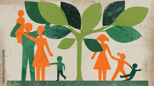 Silhouettes of two families and a stylized tree on a textured, neutral background
