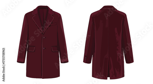 Illustration of a burgundy overcoat with a classic design, presented in both front and back views for a comprehensive fashion showcase