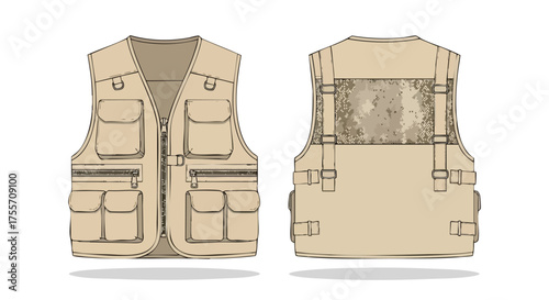 Detailed khaki tactical vest illustration showcases front and back views with multiple pockets and adjustable straps perfect for design mockups