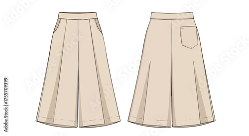 Technical fashion drawing showcasing a women's A-line midi skirt with pleats and functional pocket detail for apparel design specification