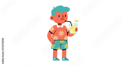 A handsome boy in beach clothes is enjoying a refreshing drink in the summer heat