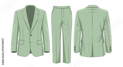 Illustrated pastel green suit showcasing front jacket, trousers, and back jacket view on white background