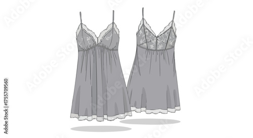 Gray lingerie dress with lace trim, front and back view on white background for fashion or retail showcasing