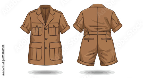 Safari inspired brown clothing apparel illustration, front and back view on isolated white background showcasing detailed design for various outdoor