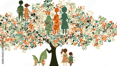 Figures within a foliage-filled tree, representing generations