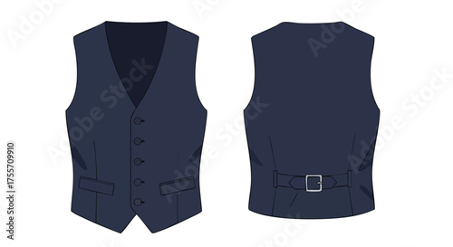 Navy blue men's vest, presenting both the front and back, displaying tailoring details and silhouette in a minimalistic illustration style