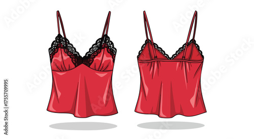 Elegant red camisole with delicate black lace trim, showcasing both the front and back design details on a plain background