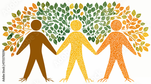 Three connected human tree figures with colorful foliage