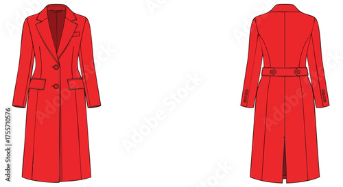 Scarlet trench coat front and back view displaying sartorial elegance and timeless design highlighting tailoring details and silhouette a visual