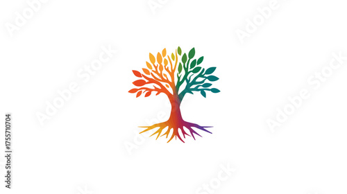 Silhouette of a tree with rainbow-colored leaves and roots on a white background
