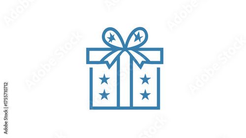 Simple blue outline of a gift box with star decorations