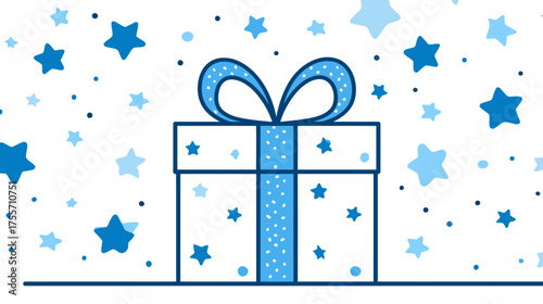 Graphic gift box with star patterned ribbon and star background