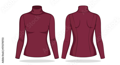 Burgundy Turtleneck Top Illustration: Front and Back View for Fashion Design and Apparel Mockups showing elegant silhouette and design details for