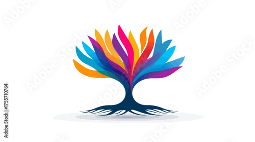 Abstract tree with vibrant, overlapping colorful leaves and roots