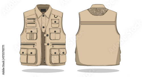 Fashionable and Functional Outdoor Apparel: A Detailed Vector Illustration of a Utility Vest with Multiple Pockets perfect for explorers