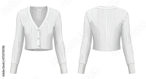 Fashionable white cropped cardigan with long sleeves, button closure and front and back views, detailed design for apparel representation