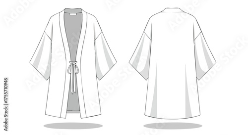 White kimono garment fashion illustration with tie front and open design showcasing front and back views for fashion design purposes