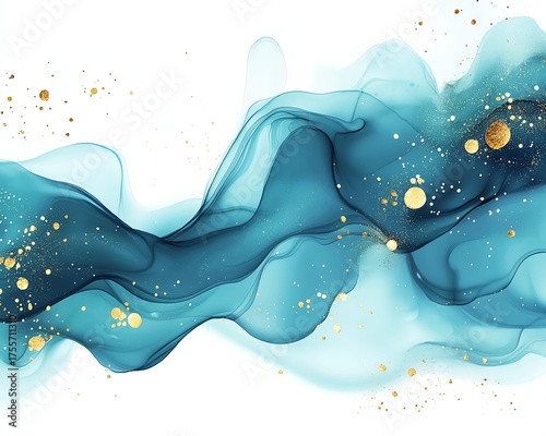 Abstract water color brush background Teal turquoise marbled alcohol ink drawing effect with abstract navy blue ink waves and golden splashes elegant card design for birthday invit