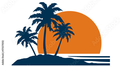 Palms on island silhouette with rising sun, dark blue and orange tones