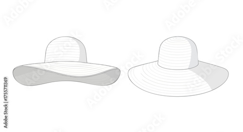 Artistic representation featuring two sunhats with different perspectives, a simple and minimal black and white digital drawing with sun protection,