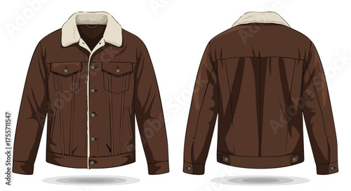 Brown vintage jacket with white fur collar, isolated front and back view on a white background, fashion and style apparel illustration