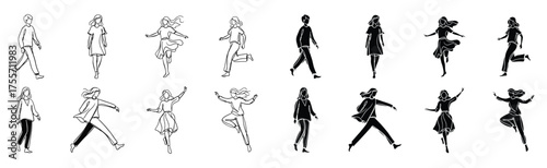 Collection of black and white line art figures of people walking running and dancing hand drawing illustration