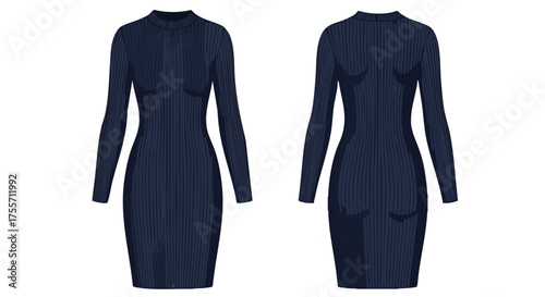 Elegant midnight blue ribbed knit dress showcased from front and back perspective on a crisp white background