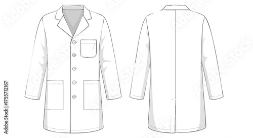 Schematic Illustration of a Classic White Medical Coat Showcasing Front and Back Design Perspectives for Product Detailing