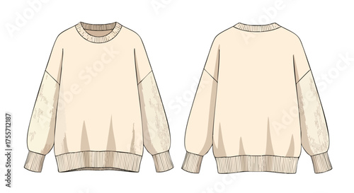 Technical Fashion Illustration of a Cream-Colored Oversized Sweatshirt Showing Front and Back Views for Apparel Design and Manufacturing showcasing