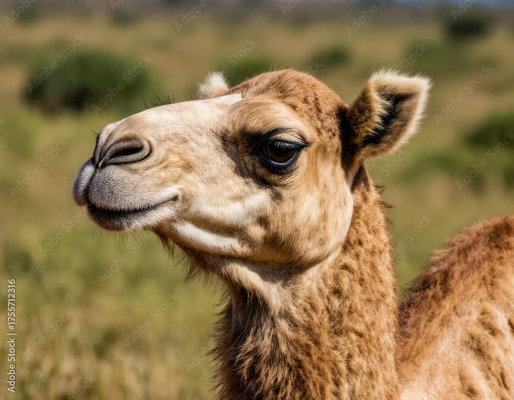 Fototapeta premium Close-up portrait of a camel in dry savanna landscape with acacia trees and golden grass, captured in warm daylight to emphasize species adaptation and natural habitat context.