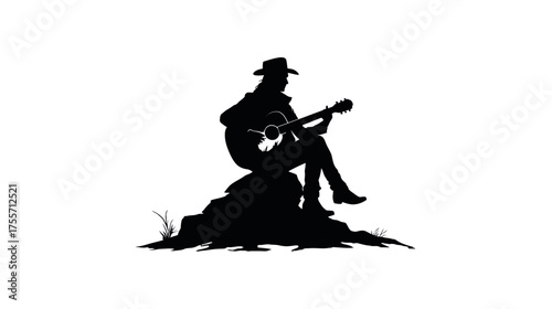 Silhouette of musician playing guitar seated on a rock