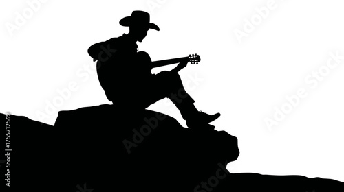 Silhouette of a cowboy playing guitar on a rocky outcrop against white