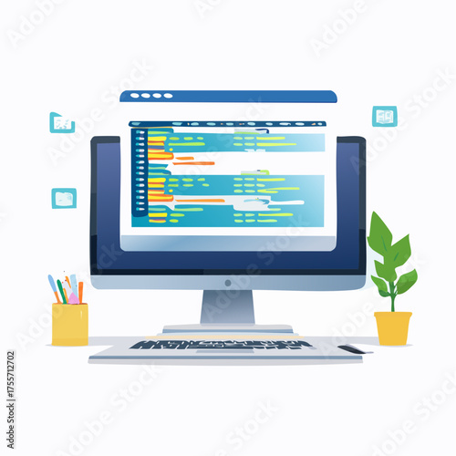 Illustration of a computer displaying code with additional office elements