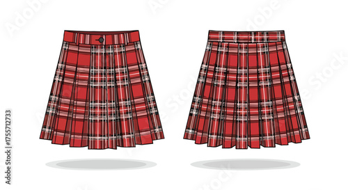 Two visually similar red plaid pleated skirts, conveying fashion appeal and sartorial craftsmanship for diverse audiences