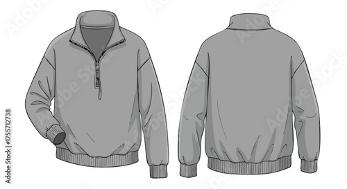 Technical drawing showcasing the design details of a gray half-zip sweatshirt from both front and rear perspectives