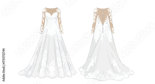 Elegant long-sleeve wedding gown design, showcasing intricate lace details and a flowing silhouette, presented from front and back views